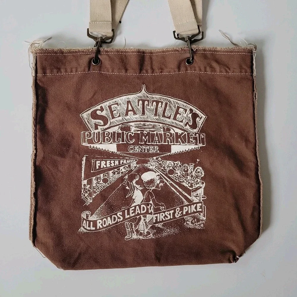 Authentic Pigment Canvas Shopper Tote Brown Seattle Public Market Graphic Vegan - Picture 3 of 15